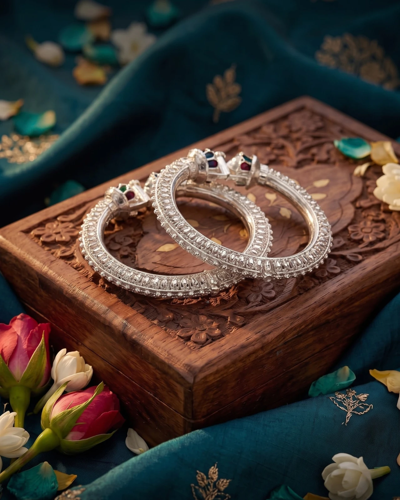 Pure Handcrafted Silver Makara Lion-Head Kadas Pair - Handcrafted Fine Jewellery | Aranyak Jewellers